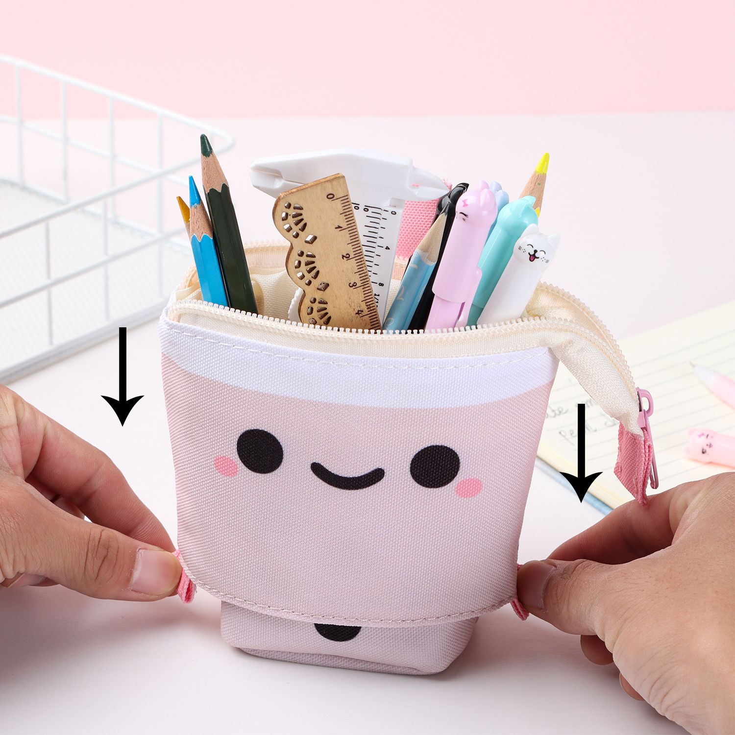 1Pc Fashion Cute Retractable Pencil Case Boba Milk Tea Pen Pencil Stationery Case Multi-function Pencil Holder Organizer Pink