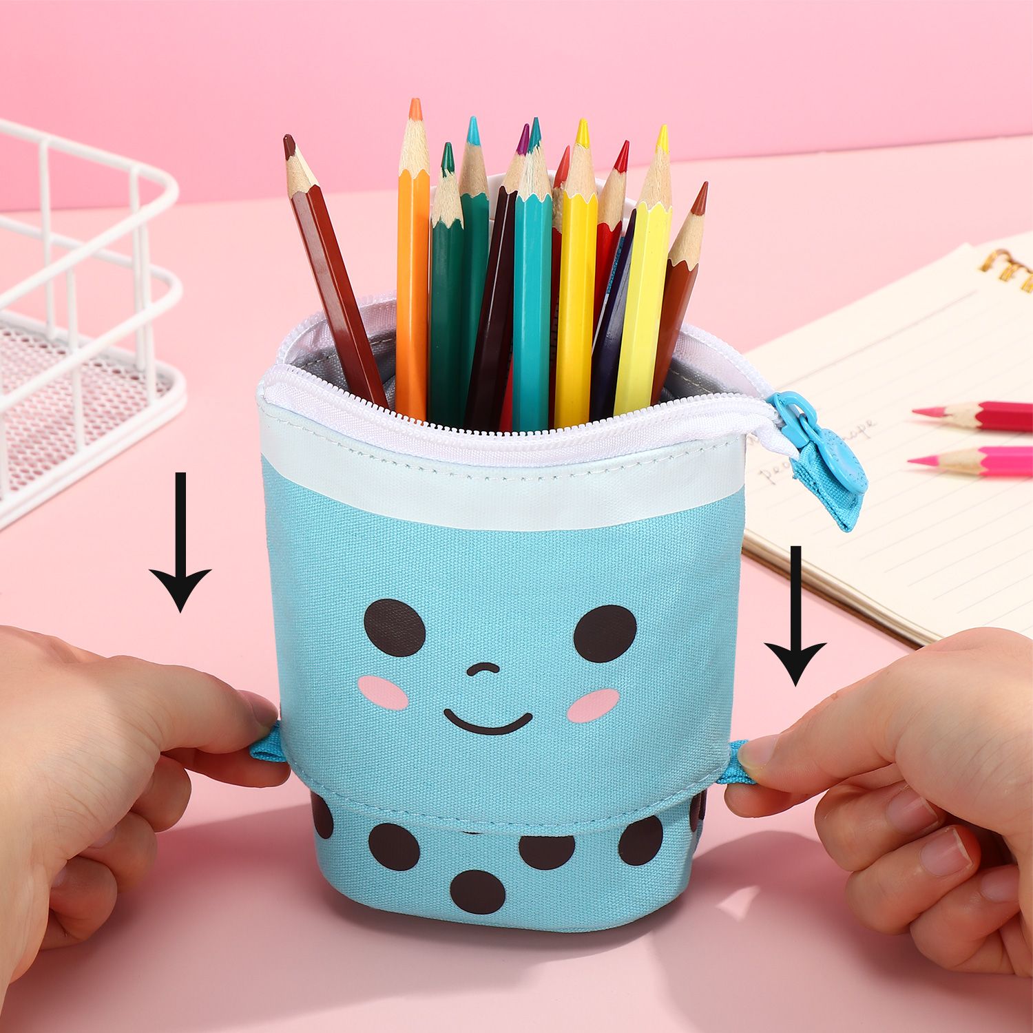 1Pc Fashion Cute Retractable Pencil Case Boba Milk Tea Pen Pencil Stationery Case Multi-function Pencil Holder Organizer Pink 