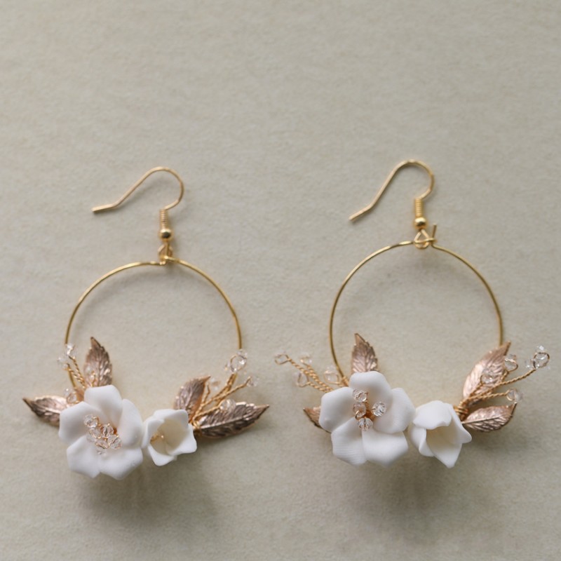 Gold Round Wedding Earrings Ceramic Floral 