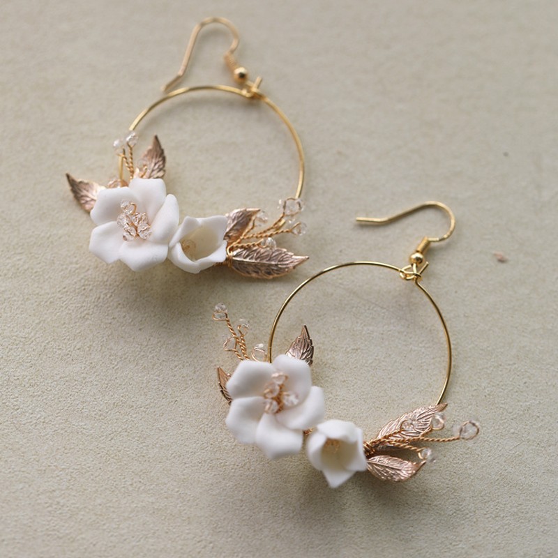 Gold Round Wedding Earrings Ceramic Floral 