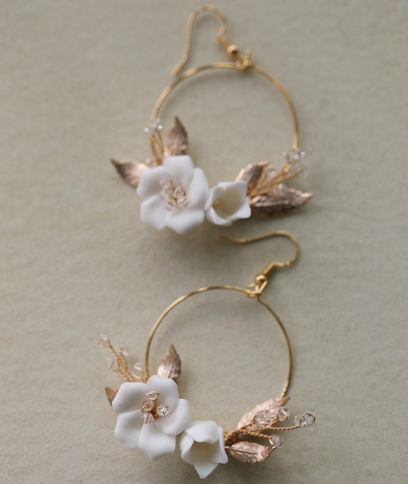 Gold Round Wedding Earrings Ceramic Floral