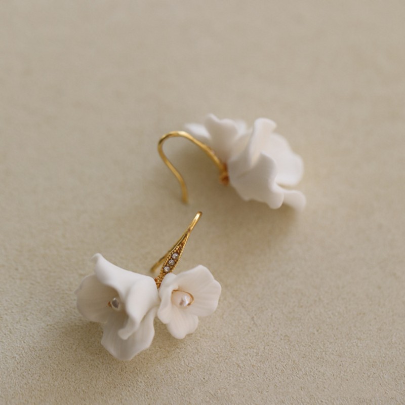 White Ceramic Floral Earring for Bridal 