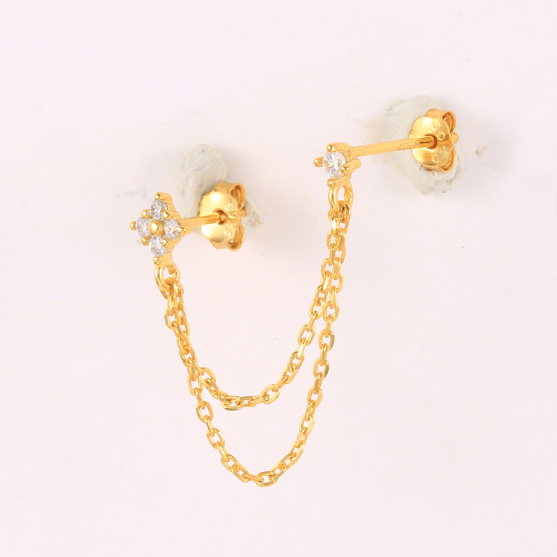 Aide 925 Sterling Silver Four Zircons Flower Stud Earrings For Women Double Studs Chain Tassel Piercing Earring 18K Gold Plated 