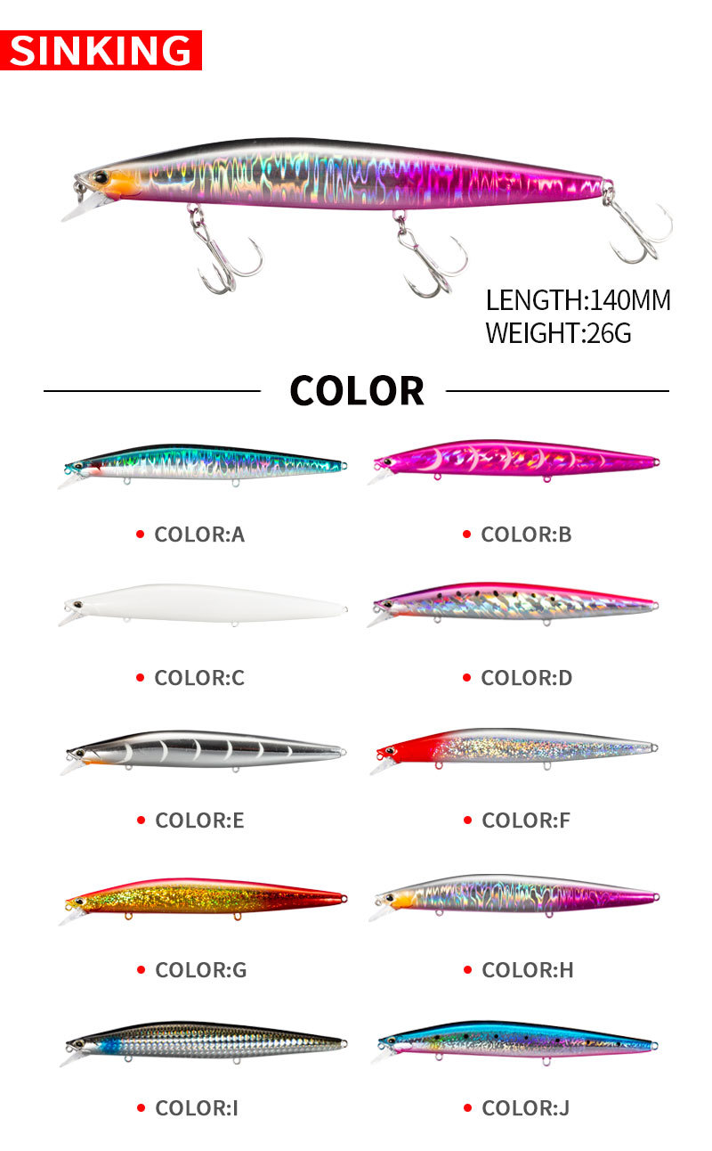 Minnow Fishing Lure Sinking 26g 140S Tungsten weight system Saltwater Long Casting Hard Baits quality fishing tackle for fishing 