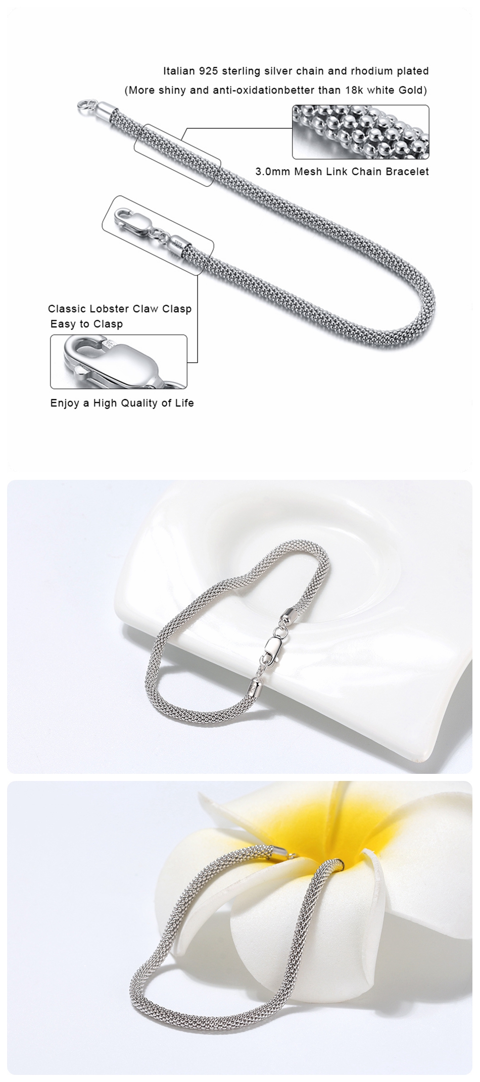 ORSA JEWELS 925 Sterling Silver 3.0mm Mesh Popcorn Chain Bracelet for Men Women Round Popcorn Bracelets Puck Style Jewelry SB65