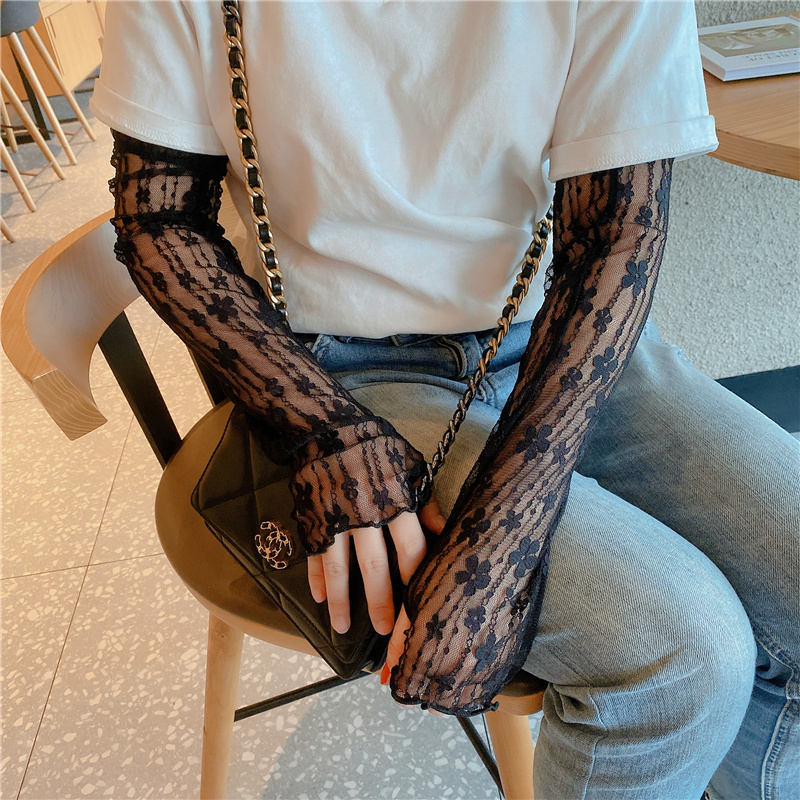 Women Long Flower Lace Hollow-Out Fingerless Gloves Elegant Sun Protection Arm Sleeve Mesh Thin Cooling Driving Cycling Gloves 