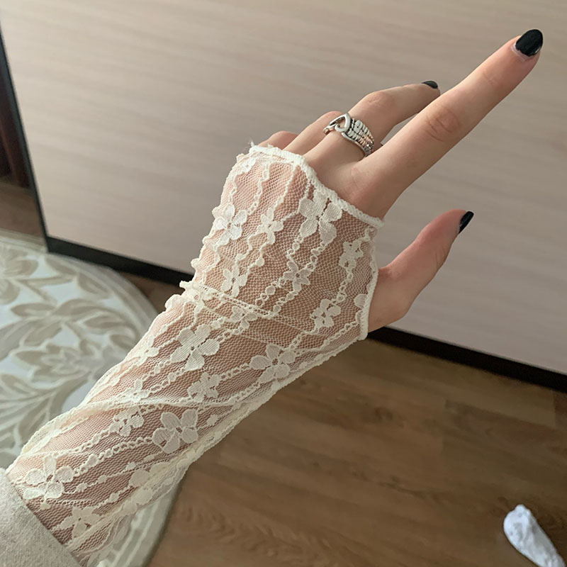 Women Long Flower Lace Hollow-Out Fingerless Gloves Elegant Sun Protection Arm Sleeve Mesh Thin Cooling Driving Cycling Gloves 
