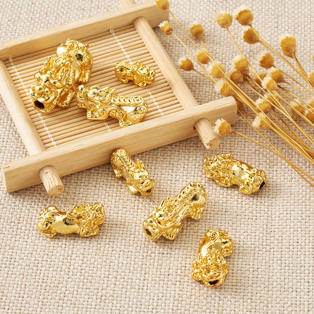 50Pcs Real 24K Gold Plated Alloy Beads Pixiu Chinese Character Cai Lucky Beads Charms For DIY Handmade Bracelet Jewelry Making
