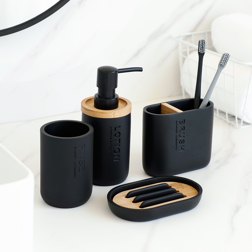 Bathroom Accessories Set Resin and Wood Soap Lotion Dispenser Toothbrush Holder Soap Dish Tumbler Pump Bottle Cup Black or White 