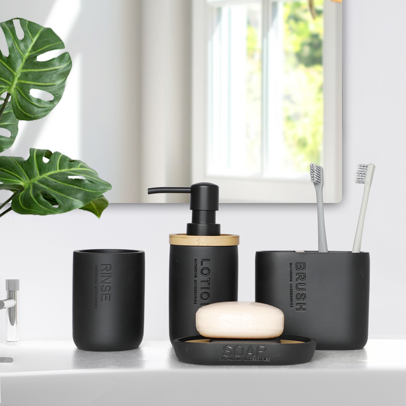 Bathroom Accessories Set Resin and Wood Soap Lotion Dispenser Toothbrush Holder Soap Dish Tumbler Pump Bottle Cup Black or White 