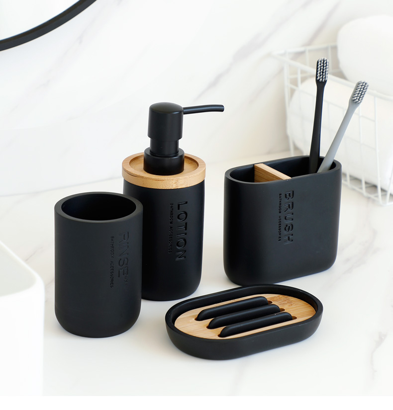 Bathroom Accessories Set Resin and Wood Soap Lotion Dispenser Toothbrush Holder Soap Dish Tumbler Pump Bottle Cup Black or White