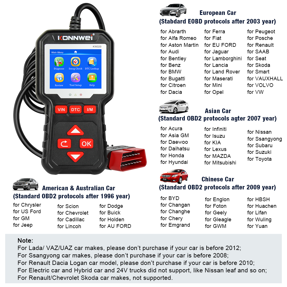 KONNWEI KW320 Obd2 Car Scanner Obd Auto Tools Obd 2 Diagnostic Tool Professional Automotive Scanner Car Code Reader for Auto