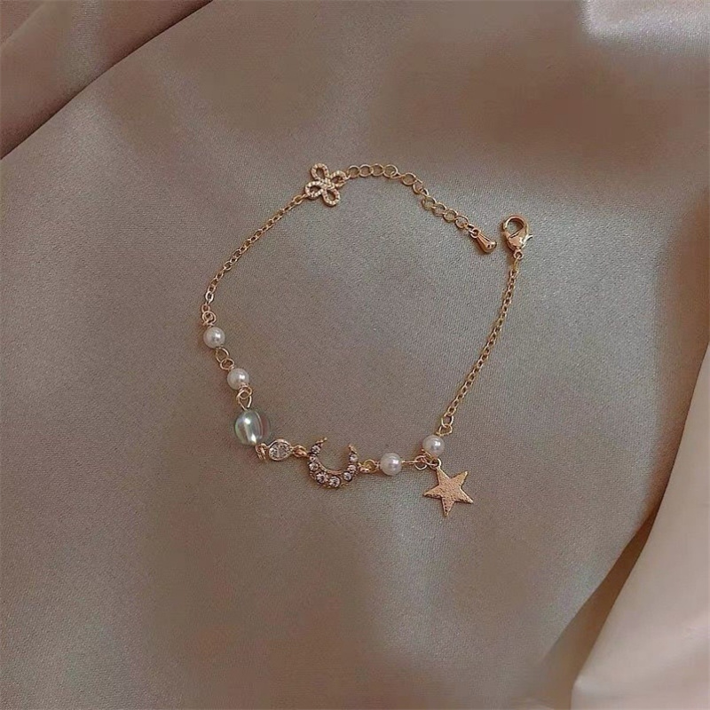 Japan Korea Star Moon Bracelet For Women Girls Fashion Pink Crystal Pearl Chain Bracelet Wholesale Designer Jewelry Party Gift