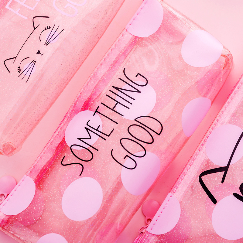 Cute Kawaii pink cat Pencil Case School Supplies for girls Stationery Gift large Pencil bag Transparent pen Bag School Tools 
