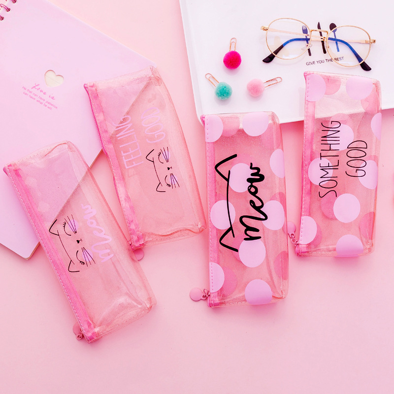 Cute Kawaii pink cat Pencil Case School Supplies for girls Stationery Gift large Pencil bag Transparent pen Bag School Tools 