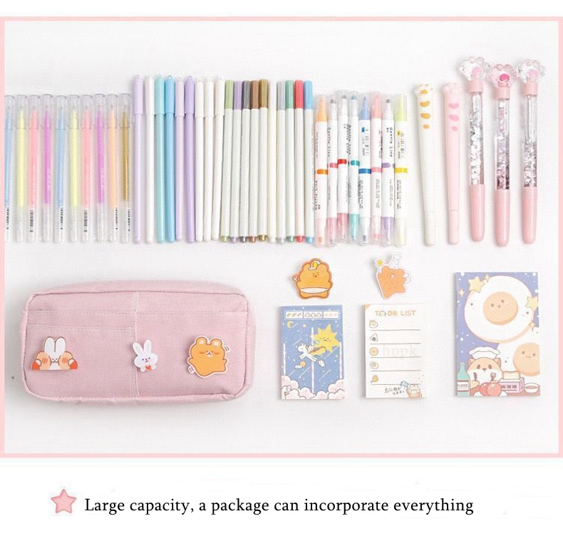 Kawaii Purple Canvas Pencil Case Cute Animal Badge Pink Pencilcases Large School Pencil Bags for Maiden Girl Stationery Supplies