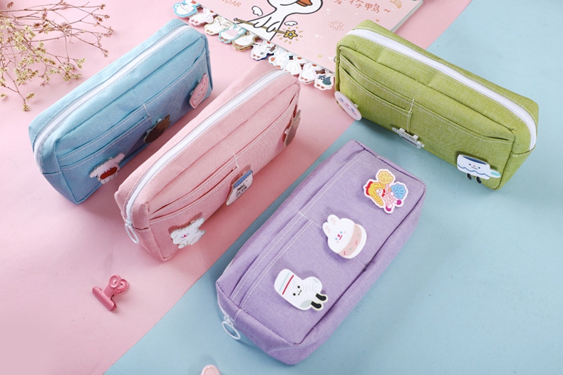 Kawaii Purple Canvas Pencil Case Cute Animal Badge Pink Pencilcases Large School Pencil Bags for Maiden Girl Stationery Supplies