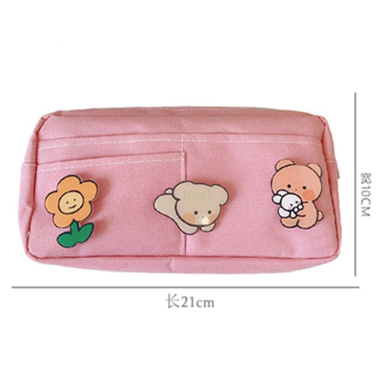 Kawaii Purple Canvas Pencil Case Cute Animal Badge Pink Pencilcases Large School Pencil Bags for Maiden Girl Stationery Supplies 