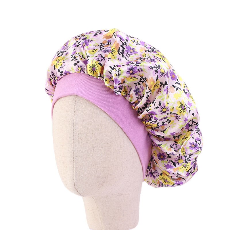 Cute Pattern Bonnet Night Sleep Hair Cap for Children Kids Satin Wide-brimmed Elastic Turban Hat Girl Boy Hair Care Accessories Color: purple 