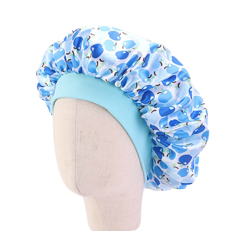 Cute Pattern Bonnet Night Sleep Hair Cap for Children Kids Satin Wide-brimmed Elastic Turban Hat Girl Boy Hair Care Accessories Color: Blue 