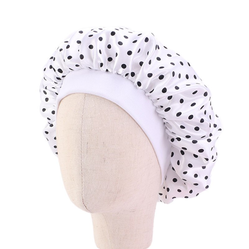 Cute Pattern Bonnet Night Sleep Hair Cap for Children Kids Satin Wide-brimmed Elastic Turban Hat Girl Boy Hair Care Accessories Color: White 
