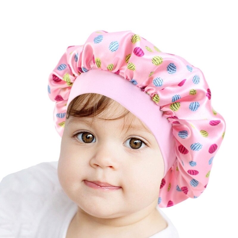 Cute Pattern Bonnet Night Sleep Hair Cap for Children Kids Satin Wide-brimmed Elastic Turban Hat Girl Boy Hair Care Accessories 