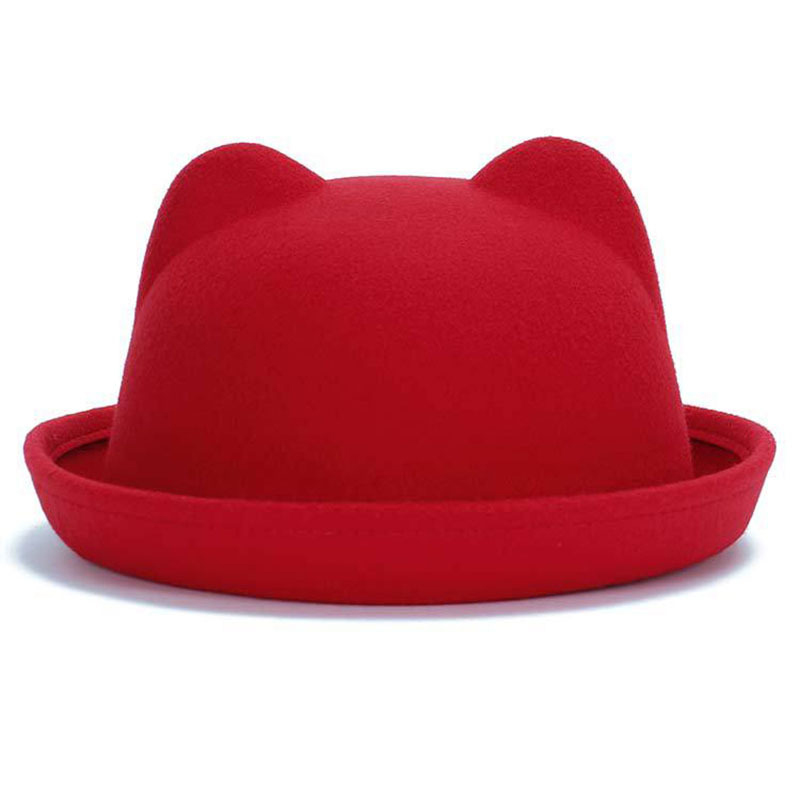 Fashion Parent-child Bowler Hat Wool Felt Fedora Hats for Women Girls Children Solid Cat Ear Formal Cap Trilby Sombrero Derby