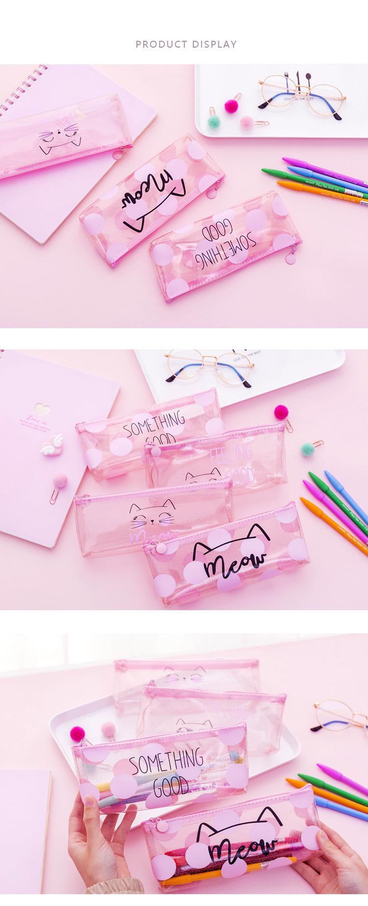 Cute Kawaii pink cat Pencil Case School Supplies for girls Stationery Gift large Pencil bag Transparent pen Bag School Tools