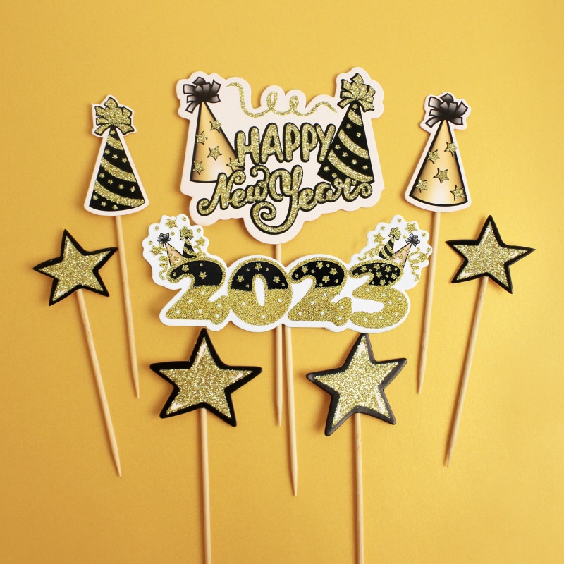 2023 Happy New Year Cake Flags Christmas Stars Cake Topper For Xmas New Year's Home Party Cake Baking Decor DIY 