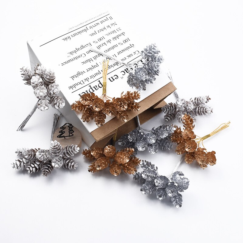 10 Pcs Golden Silver Pine Cone Christmas Decorations for Home Wedding Bridal Accessories Clearance Diy Gift Box Artificial Plant