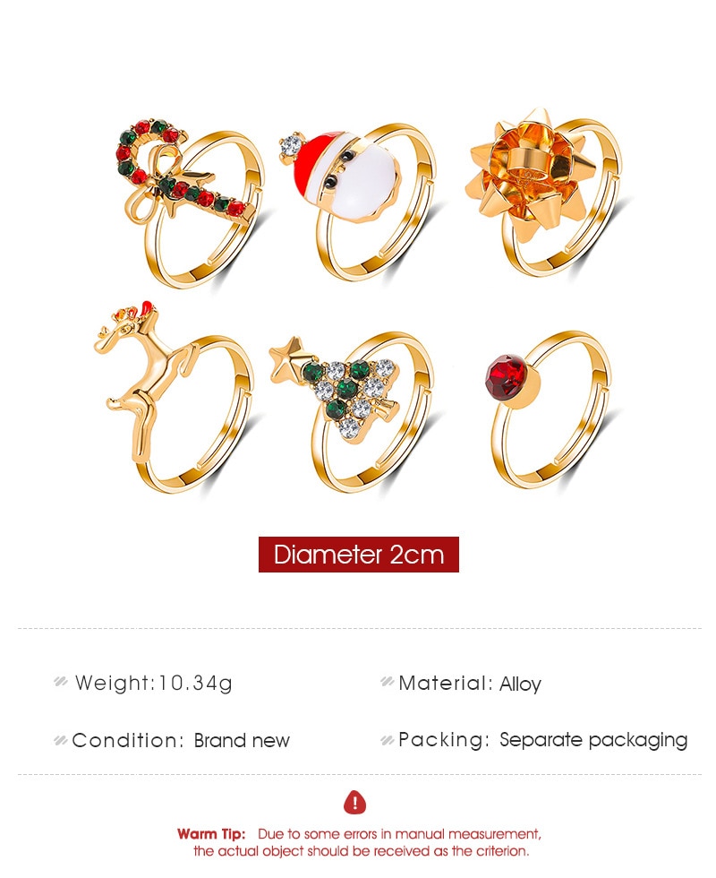 6Pcs/Set New Christmas Elk Santa Ring For Women Fashion Cute Gold Color Drip Glaze Adjustable Finger Ring Holiday Party Jewelry 