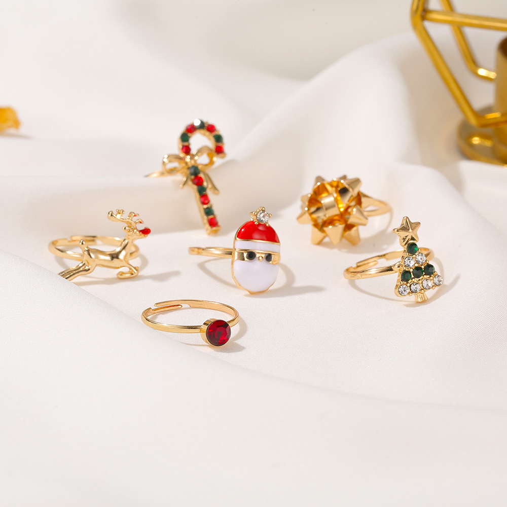 6Pcs/Set New Christmas Elk Santa Ring For Women Fashion Cute Gold Color Drip Glaze Adjustable Finger Ring Holiday Party Jewelry