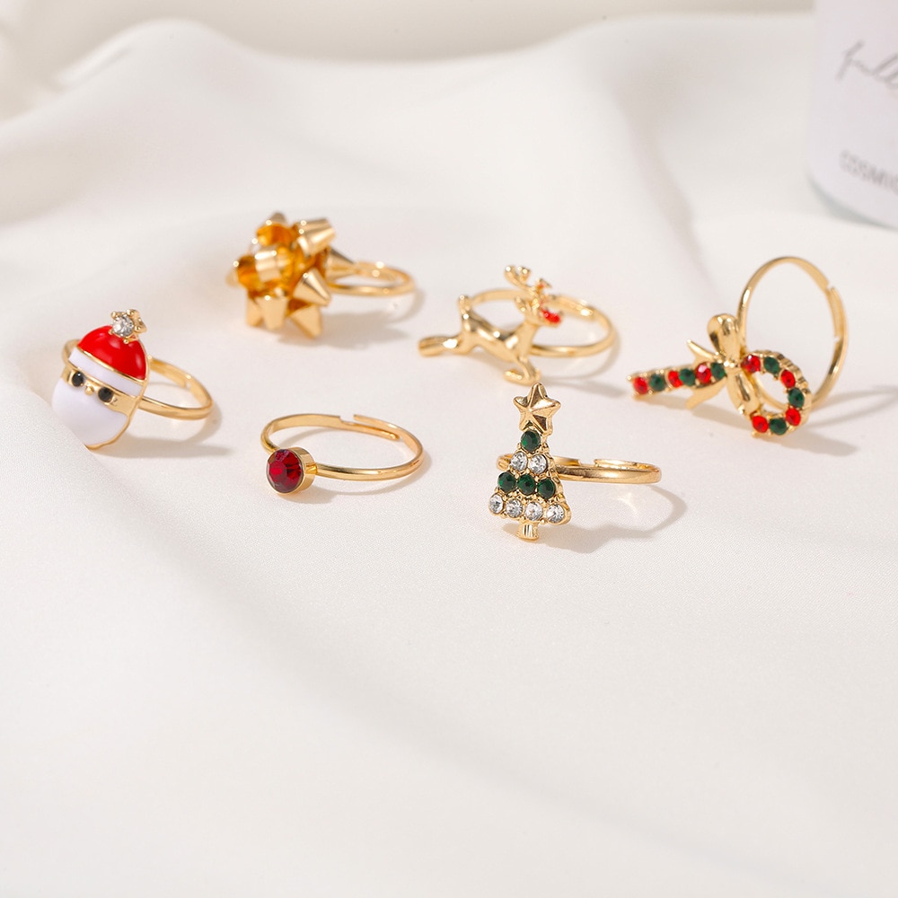 6Pcs/Set New Christmas Elk Santa Ring For Women Fashion Cute Gold Color Drip Glaze Adjustable Finger Ring Holiday Party Jewelry 
