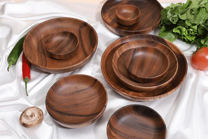 Acacia wooden bowl wooden tableware household and fruit plate salad bowl whole wooden soup bowl Wooden plate Food container