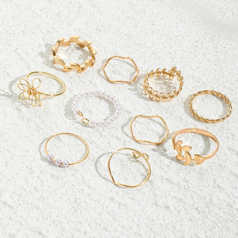 Bohemian Wave Flower Rings Set For Women Vintage Geometric Pearl Butterfly Metal Chain Knuckle Rings 2022 Trendy Jewelry Gift 
