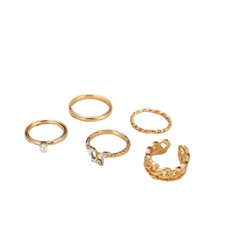 Bohemian Wave Flower Rings Set For Women Vintage Geometric Pearl Butterfly Metal Chain Knuckle Rings 2022 Trendy Jewelry Gift