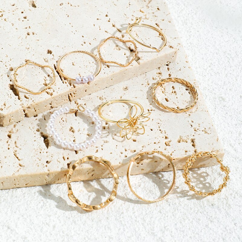 Bohemian Wave Flower Rings Set For Women Vintage Geometric Pearl Butterfly Metal Chain Knuckle Rings 2022 Trendy Jewelry Gift