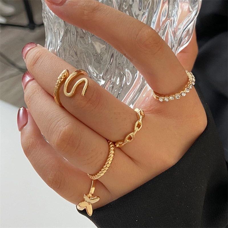 Bohemian Wave Flower Rings Set For Women Vintage Geometric Pearl Butterfly Metal Chain Knuckle Rings 2022 Trendy Jewelry Gift Main Stone Color: RI22Y0349-4 
