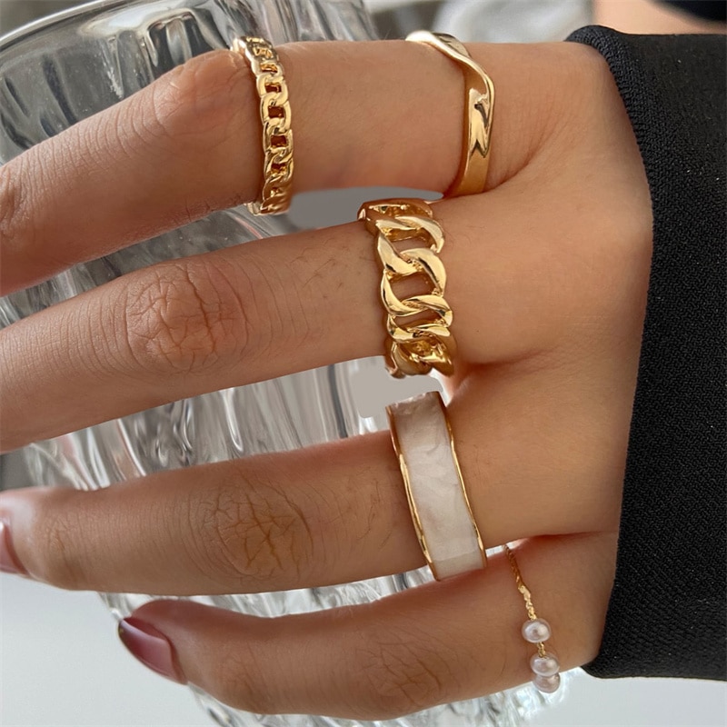 Bohemian Wave Flower Rings Set For Women Vintage Geometric Pearl Butterfly Metal Chain Knuckle Rings 2022 Trendy Jewelry Gift Main Stone Color: RI22Y0349-2 