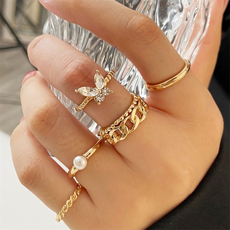 Bohemian Wave Flower Rings Set For Women Vintage Geometric Pearl Butterfly Metal Chain Knuckle Rings 2022 Trendy Jewelry Gift Main Stone Color: RI22Y0349-1 