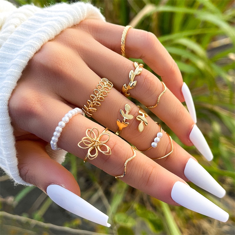 Bohemian Wave Flower Rings Set For Women Vintage Geometric Pearl Butterfly Metal Chain Knuckle Rings 2022 Trendy Jewelry Gift Main Stone Color: RI22Y0350 