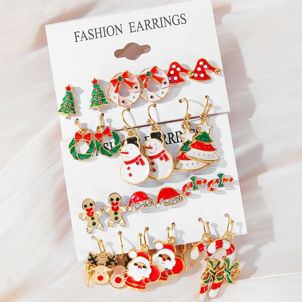 Fashion Cartoon Christmas Earring Set Female Snowflake Tree Snowman Bell Earring Fashion Christmas Ball Earring Jewelry Gifts 