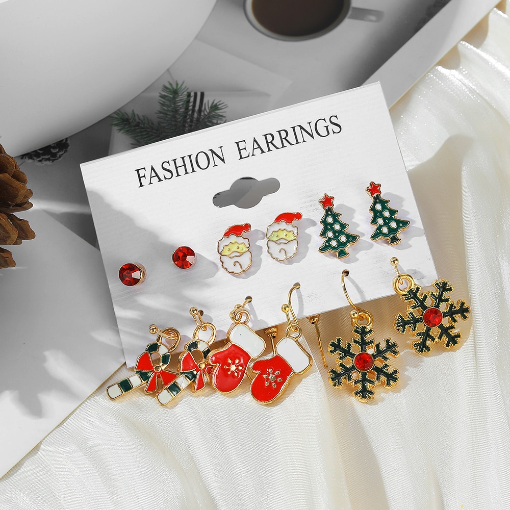 Fashion Cartoon Christmas Earring Set Female Snowflake Tree Snowman Bell Earring Fashion Christmas Ball Earring Jewelry Gifts 