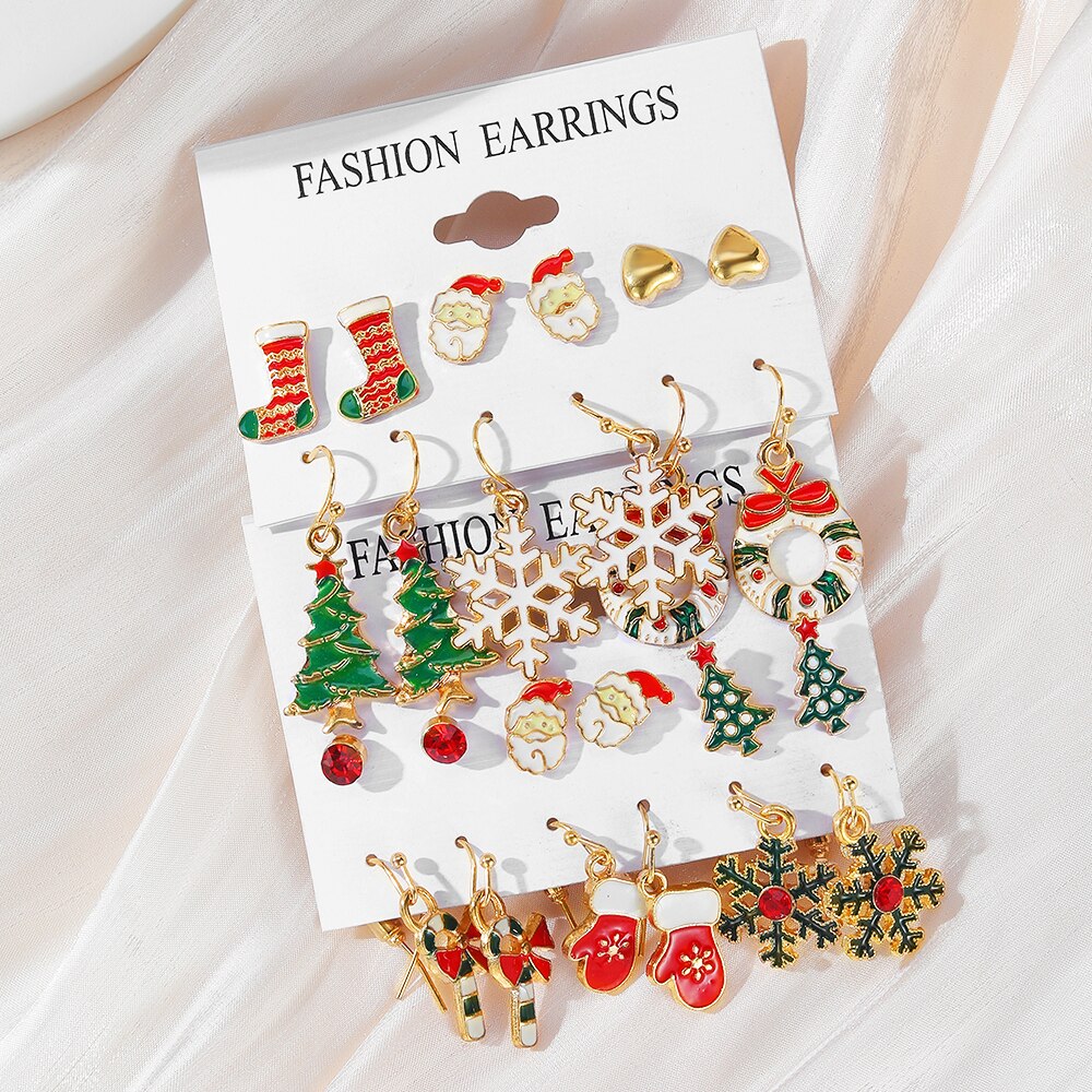 Fashion Cartoon Christmas Earring Set Female Snowflake Tree Snowman Bell Earring Fashion Christmas Ball Earring Jewelry Gifts
