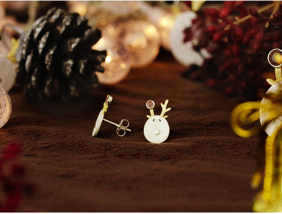 Lotus Fun Real 925 Sterling Silver Natural Tourmaline Handmade Fine Jewelry Christmas Joys Cute Reindeer Stud Earrings Best Gift