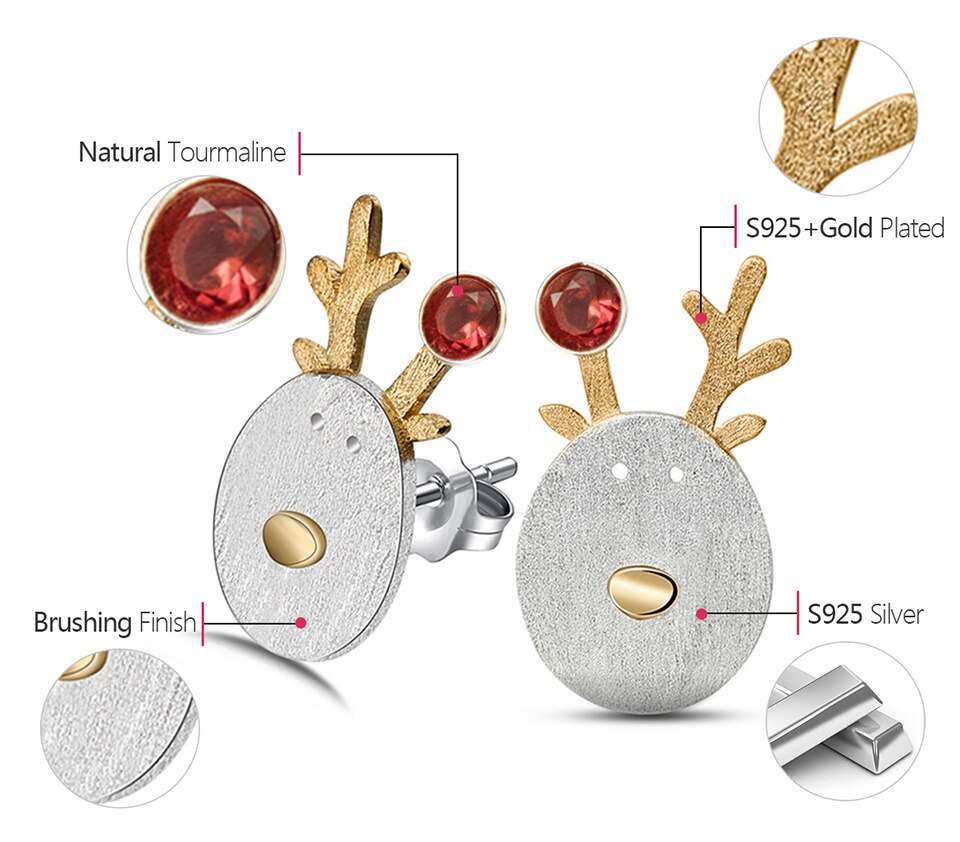 Lotus Fun Real 925 Sterling Silver Natural Tourmaline Handmade Fine Jewelry Christmas Joys Cute Reindeer Stud Earrings Best Gift