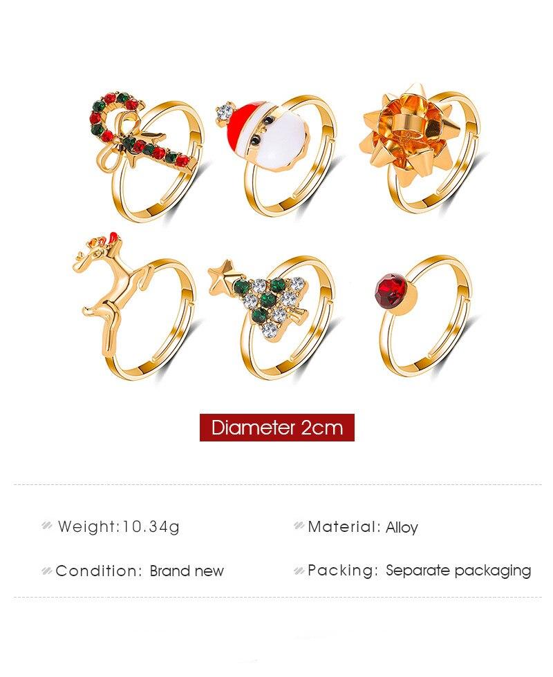 6Pcs/Set New Christmas Elk Santa Ring For Women Fashion Cute Gold Color Drip Glaze Adjustable Finger Ring Holiday Party Jewelry