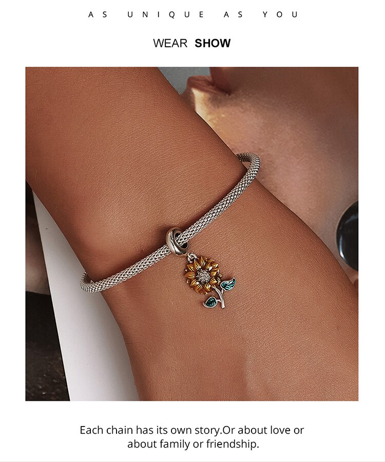 bamoer Vintage 925 Sterling Silver Sunflower Charm Ladybug Pendant fit for Women Original Bracelet or Necklace Fine Jewelry Gift