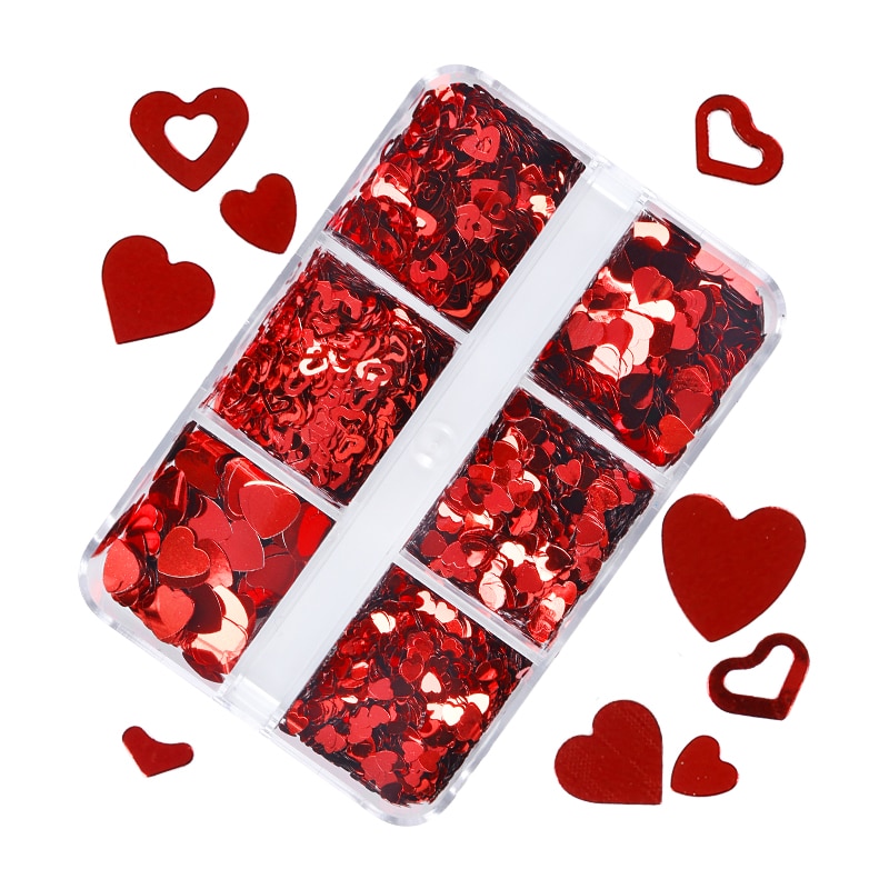 6 Grids Mixed Valentine's Day Nail Art Sequins Shiny Red Love Heart Glitter Flakes Nail Supplies For Professionals Accessories 