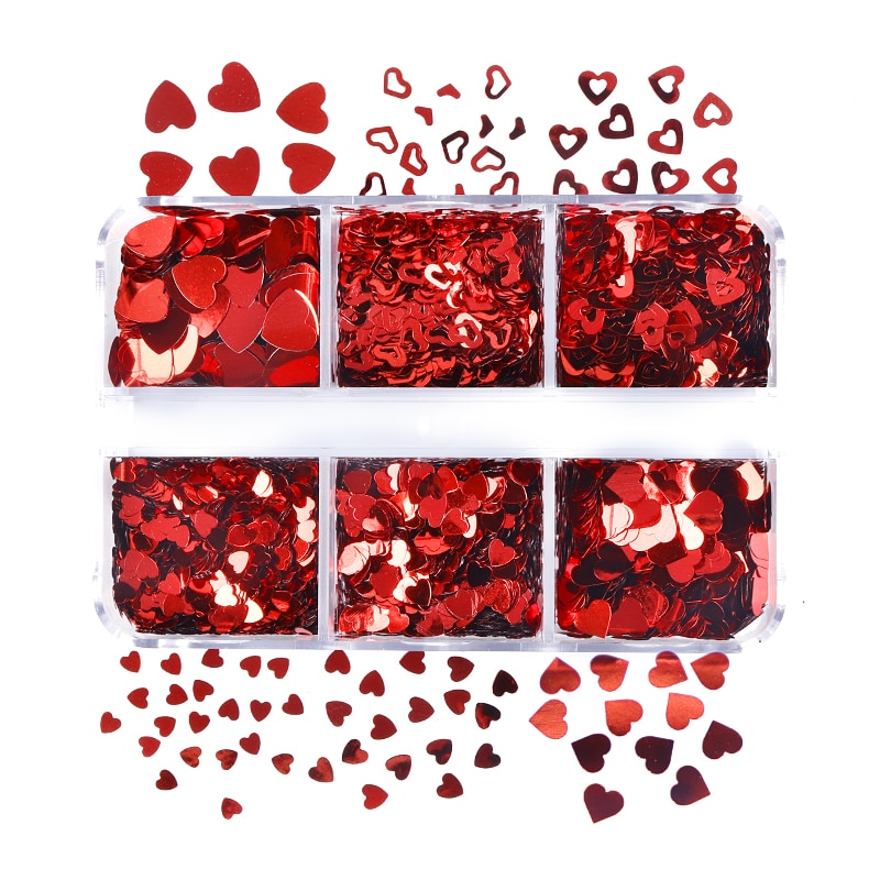 6 Grids Mixed Valentine's Day Nail Art Sequins Shiny Red Love Heart Glitter Flakes Nail Supplies For Professionals Accessories Color: 6G-HAX 